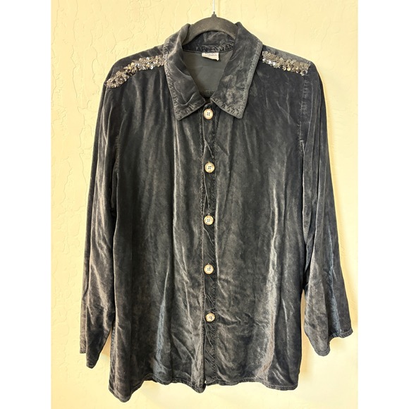 CP Shades Tops - CP Shades Velvet Button Down Top Sequin Butterfly‎ Embellished Long Sleeve S